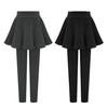 Women Winter Culottes Pants Solid Color High Waist Pleated Skirt Pants Fake Two Piece Leggings-Skirt Combo
