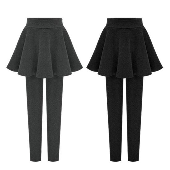 Women Winter Culottes Pants Solid Color High Waist Pleated Skirt Pants Fake Two Piece Leggings-Skirt Combo
