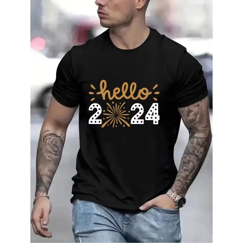 Hello 2024 Print Men Women T-shirt Happy New Year Eve Party Unisex Tops Casual Short Sleeve Black T Shirt New Year Holiday Tees