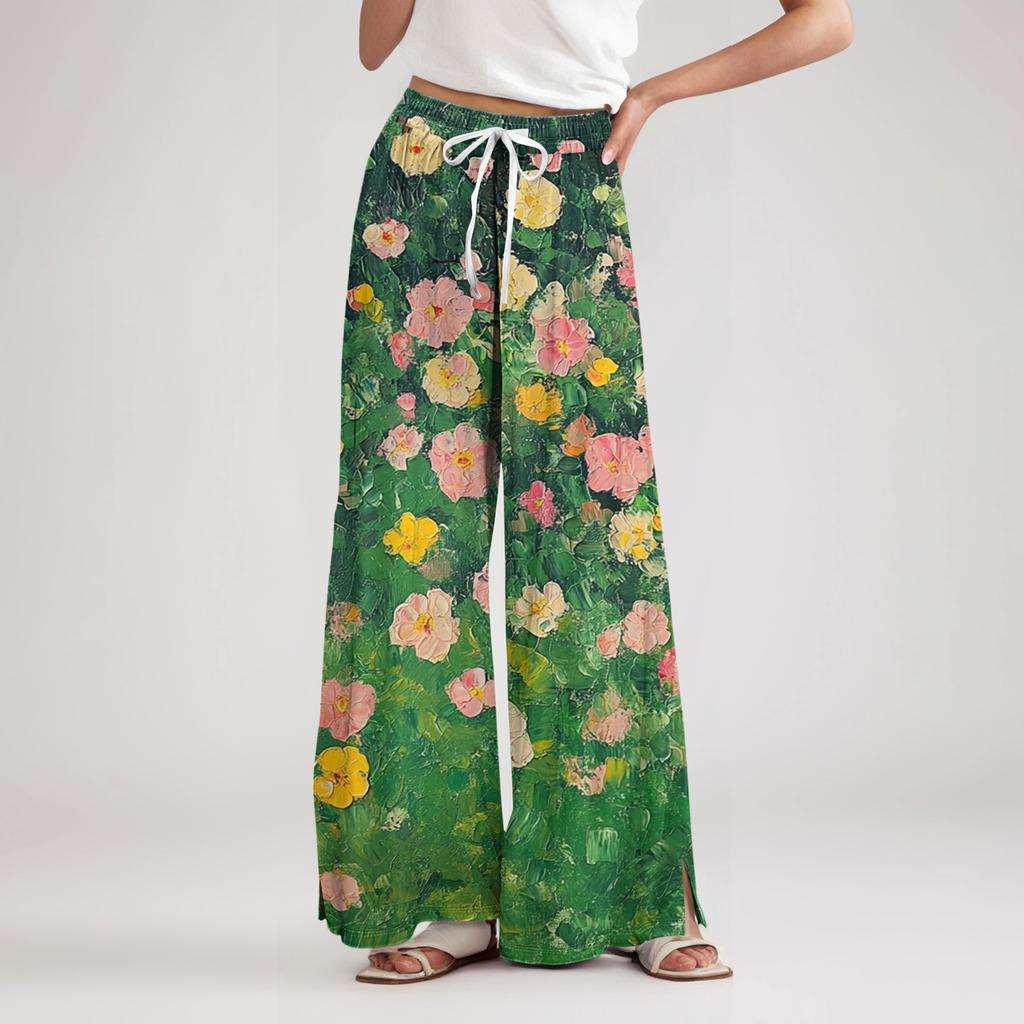 Women's Loose Casual Floral Print Wide Leg Pants With Elastic Waist Drawstring And Pocket Pants