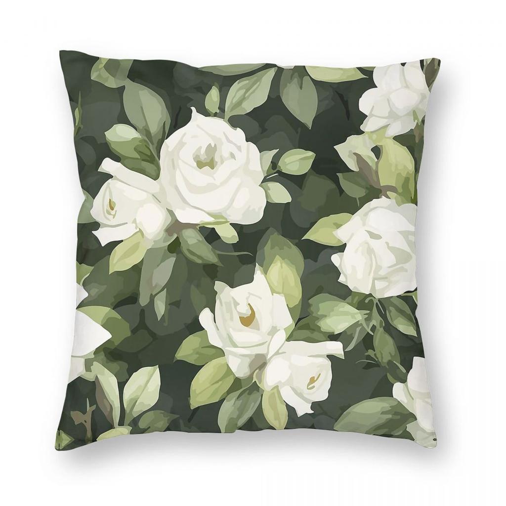 White Green Roses Blossom Square Pillowcase Polyester Linen Velvet Creative Zip Decor Throw Pillow Case Home Cushion Case