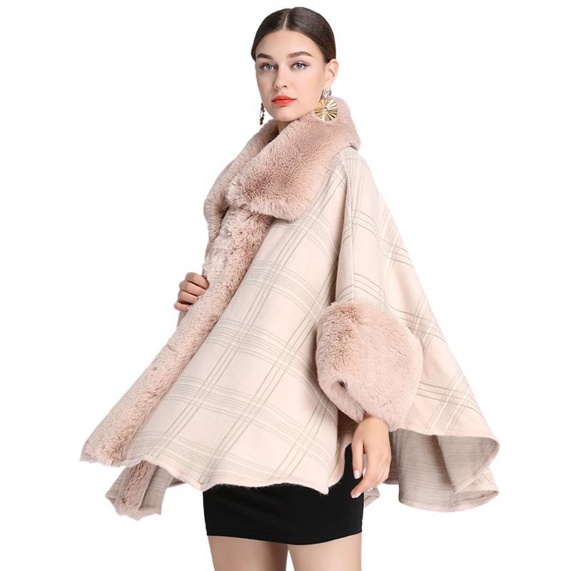 Autumn and Winter Women's Faux Otter Hair Collar Plaid Shawl Cape Large Lapel Loose Knitted Cardigan