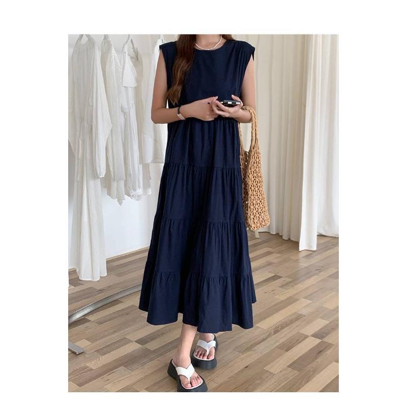 Patchwork Solid Color Long Skirt Sleeveless Commuter Crew Neck Dress