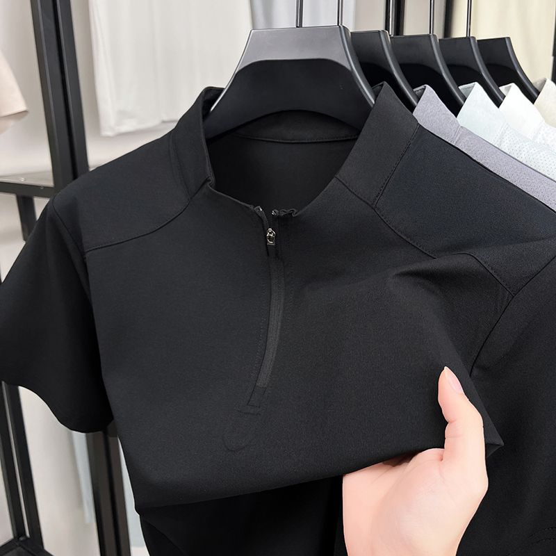 Men's Short Sleeve T Shirt Half Zipper Casual Mesh Beach Breathable Pullover Solid Color Lightwear Loose Comfortable