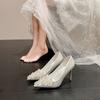 Fashion White Wedding Shoes for Bride Pointed Toe High Heels Rhinestone Pearl French Satin Bridal Party Shoes