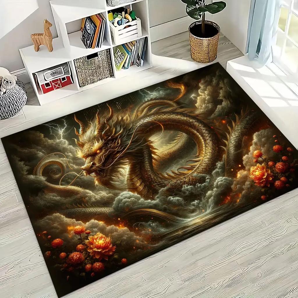 Magic Dragon Mythology Art Chinese Loong Cartoon Rug for Bedroom Living Room Sofa Home Doormat Decor, Large Non-slip Floor Mat