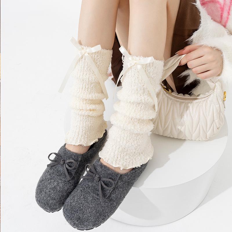 

1Pair Plush Skin-friendly Warm Calf Leg Cover Cotton Sock Cover Soft Thick Versatile Stacked Socks Fashion Bow Tie Comfortable
