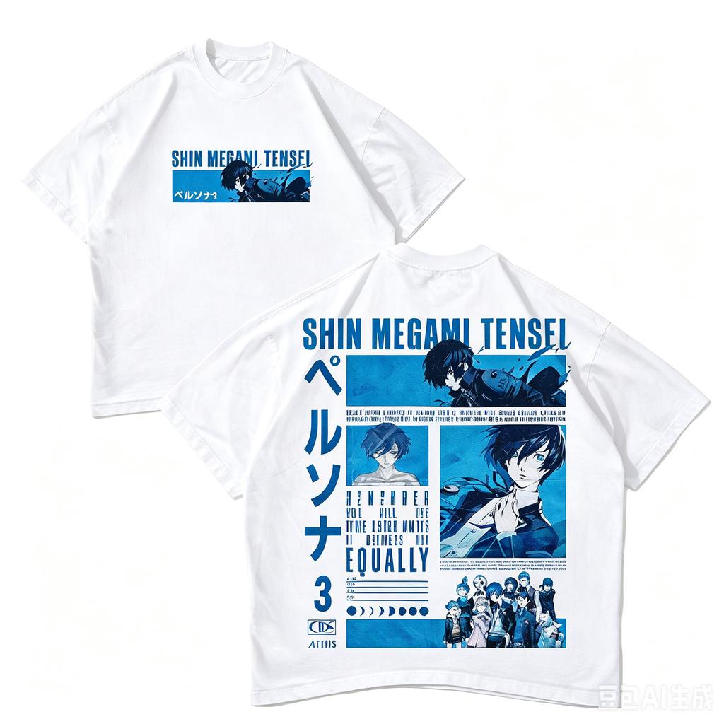 Black Doublesided Blue Anime Collage Graphic Tee Front Mini Panel Back Multigrid Portrait Vertical Letter Chest Oversized Tops