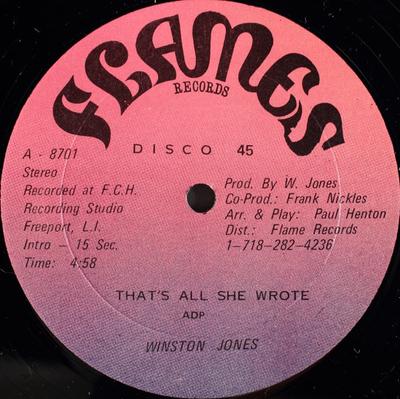 Disque 12 pouces WINSTON JONES (2) - That's All She Wrote 8701 Flames Records 198- US Reggae, Ska & Dub Occasion