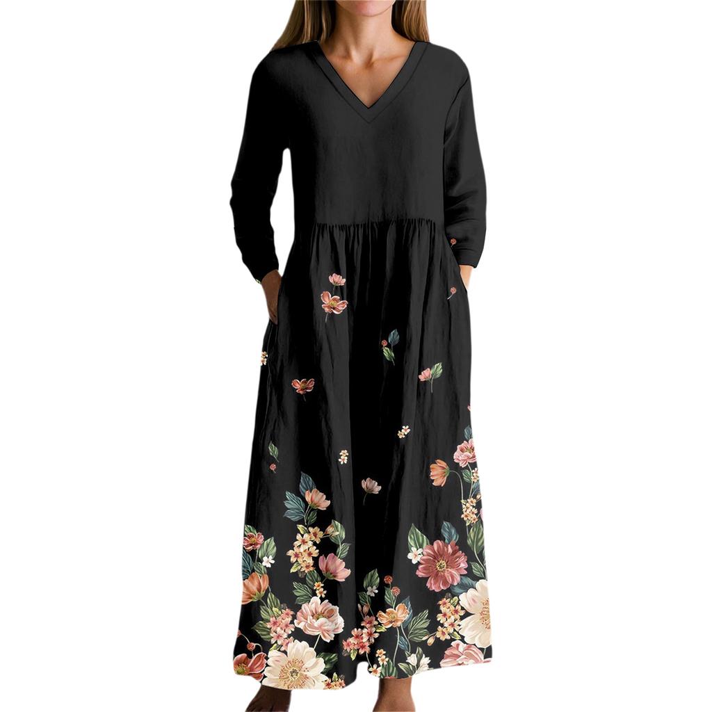 Damska Sukienka Modowa Wiosenna Sukienka z Dekoltem V i Długim Rękawem