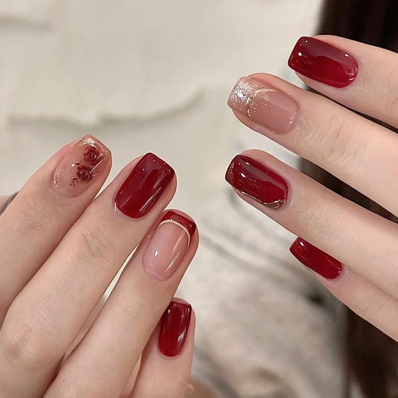 

Rich Rose Shiny French Bridal Nail Art Stickers - Festive & Short Wearable Fake Nails