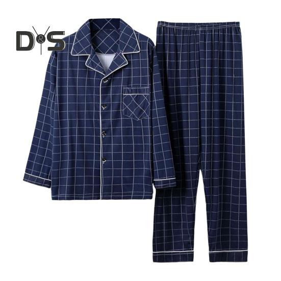 2Pcs/Set Men Pajamas Set Plaid Print Lapel Long Sleeve Single Breasted Shirt Elastic Waist Long Pants Set Loose Fit Loungewear Suit