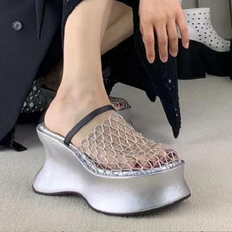 Fashion Mesh Super-high Heels Women Slippers Designer Heeled Shoes Fashion Woman Sandals Summer 2025 Brand Pumps New Chaussures Femme