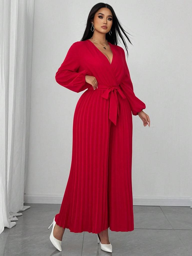 Plus Size Women's Elegant Long-Sleeve Pleated Jumpsuit with Cinched Waist