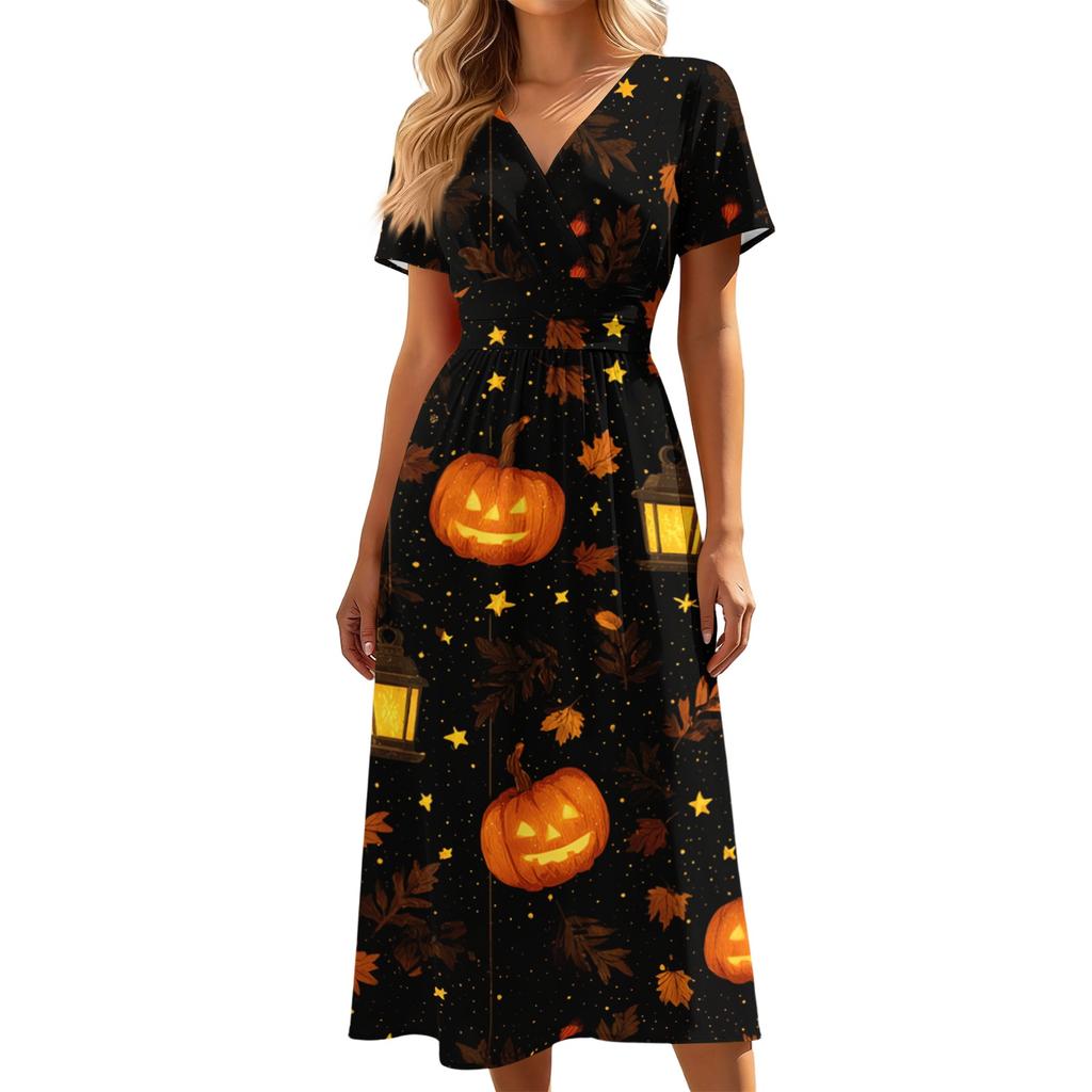 Women's Casual Halloween Print Dress V-Neck Short Sleeve for Party and Daily Wear