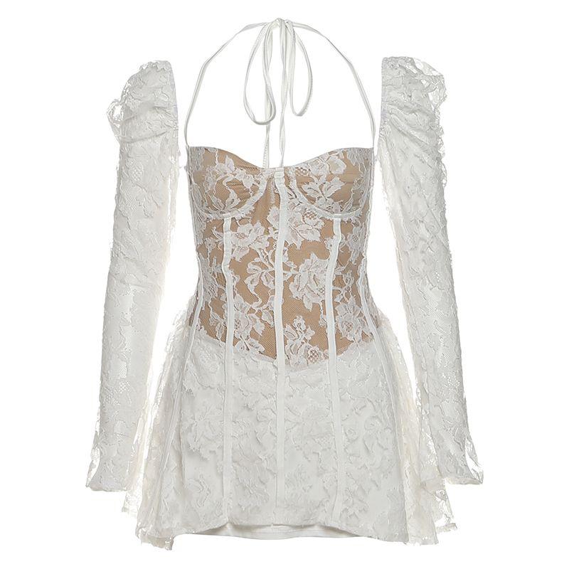 

# Sisjuly# French style Court Sweet Royal Sister Pure Desire Lace Carved Perspective Strap Long sleeve dress Women Summer White S