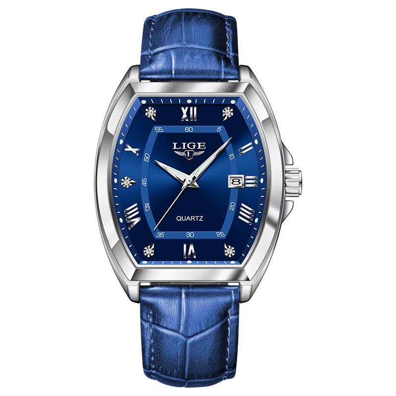 

LIGE Чоловічі годинники. Розкішний оригінальний шкіряний водонепроникний люмінесцентний циферблат із діамантовим циферблатом. Чоловічий кварцовий годинник. срібний/синій