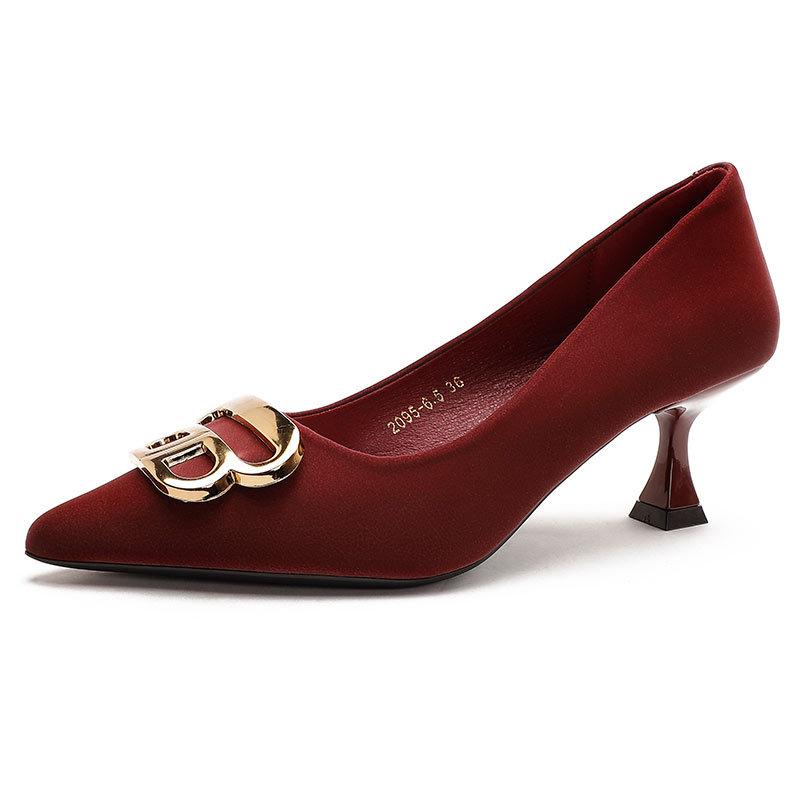 High Heels Women's Thin Heels Sexy 2025 New Spring and Autumn French Small Heels Red Wedding Shoes Middle Heel Pointed Single Shoes
