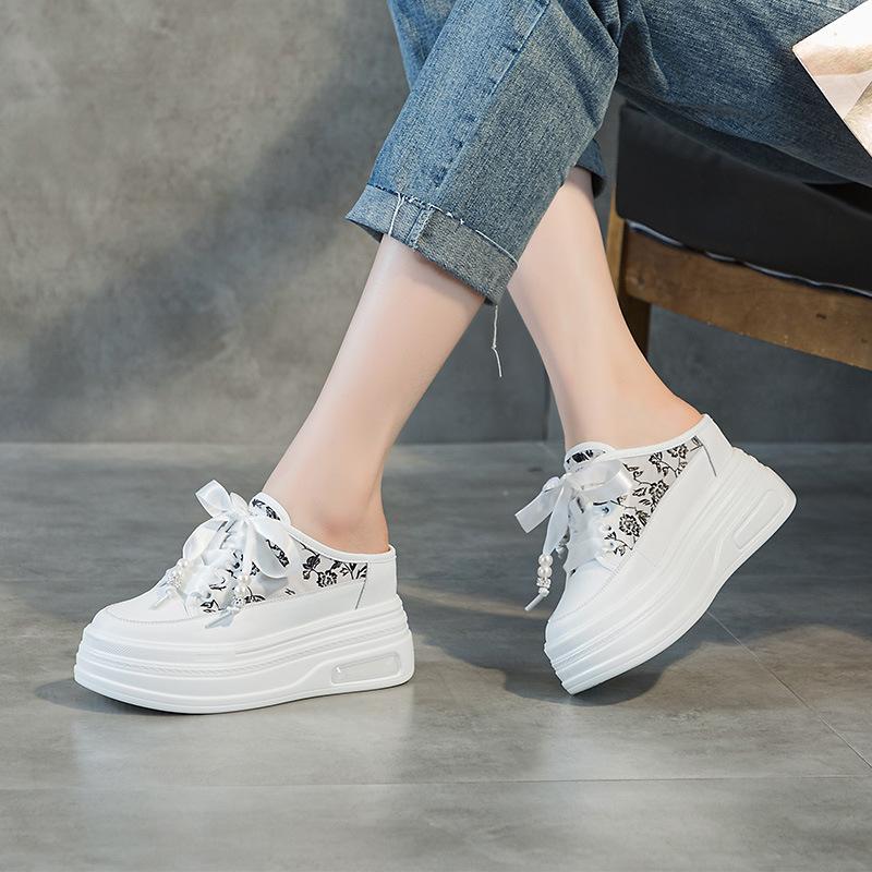 Leather Bag Head Half Slippers Women's Outer Wear 2025 Spring and Summer New Mesh Breathable Thick Sole Inner Height Increase Women's Shoes 9CM Tide