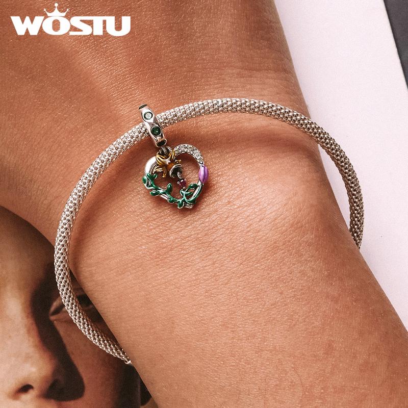 WOSTU 925 Sterling Silver Zircon Hollow Heart Flower Charm Pendant for Women DIY Original 3MM Bracelet Jewelry