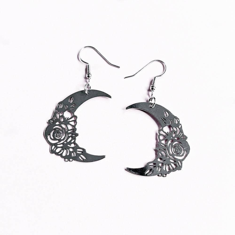Temperament Goth Gold Color Hollowed-out Rose Flower-patterned Crescent Moon Dangle Earrings for Women Retro Charm Jewelry Gifts