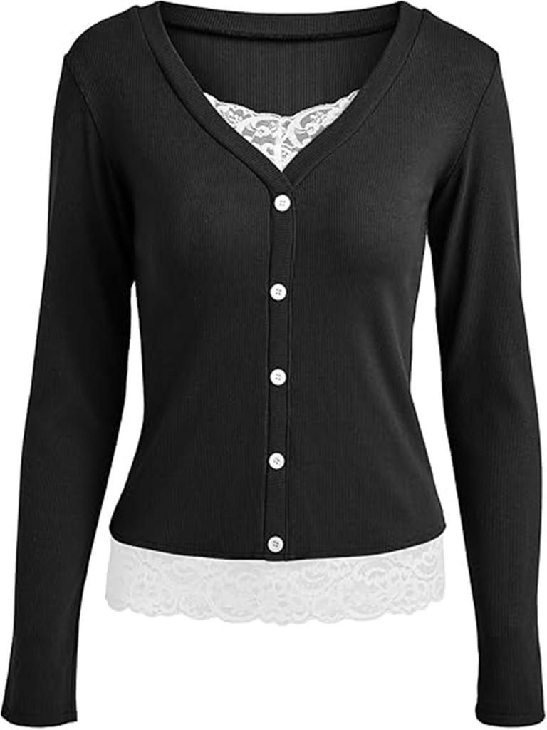 2025 Versatile V-neck Button Ribbed Lace Patchwork Long Sleeve Women's Top