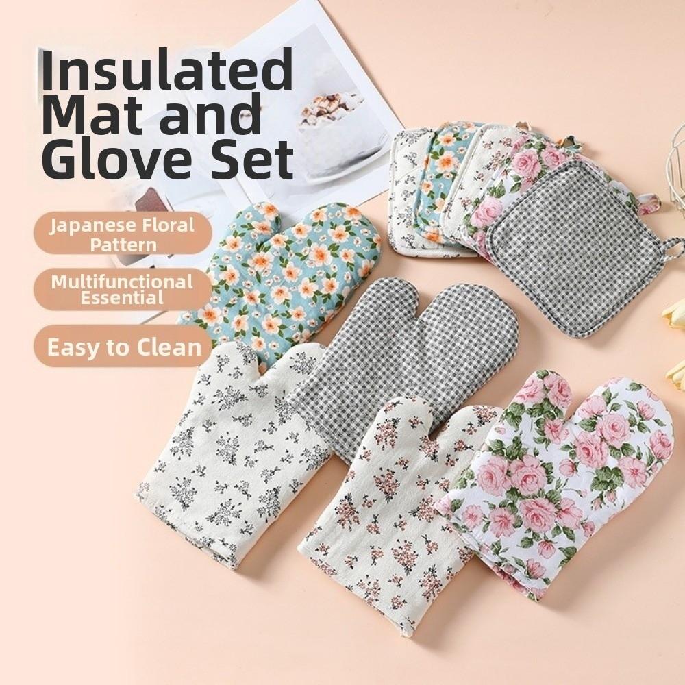 2Pcs Cotton Linen Oven Mitts and Pot Holders Heat Resistant Baking Gloves Microwave Use