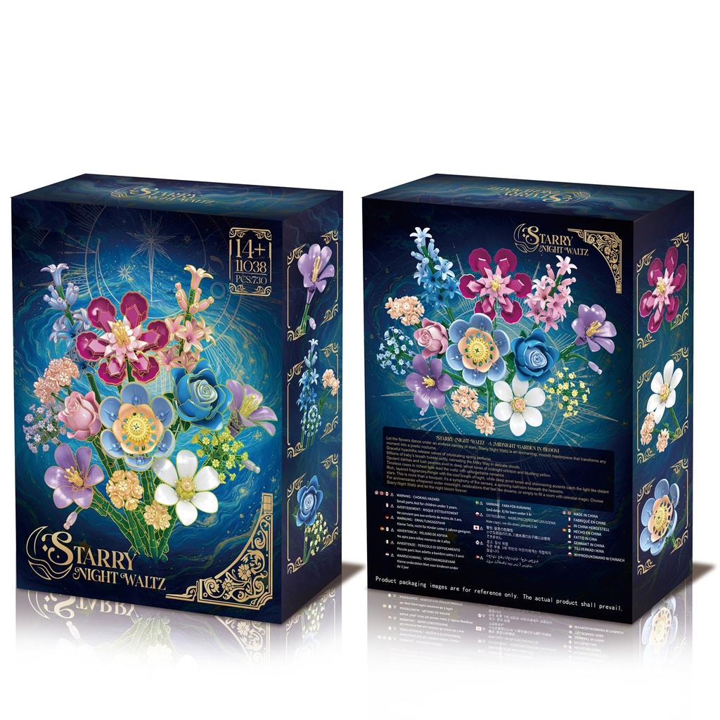 730Pcs Starry Night Waltz Series Building Blocks Bouquet Preserved Flowers Valentine'S/Mother'S Day Gift For Her, Kid Adults Toy
