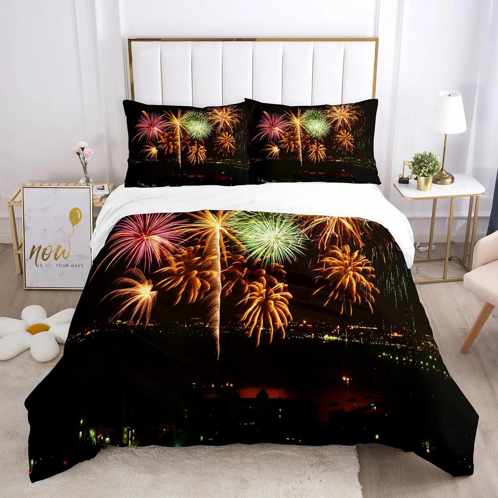 Colourful Fires Bedding Set Washed Cotton Firework Duvet Cover Queen Size Celebrate Merry Christmas Theme Soft Comforter Cover