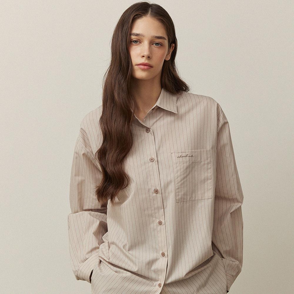 Adowl Over Fit Stripe Ad Embroidery Shirts - Beige Beige/Free