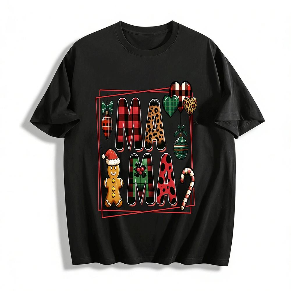 Christmas Plaid Leopard Gingerbread Mama Graphic Top Pure cotton T-shirt XXS