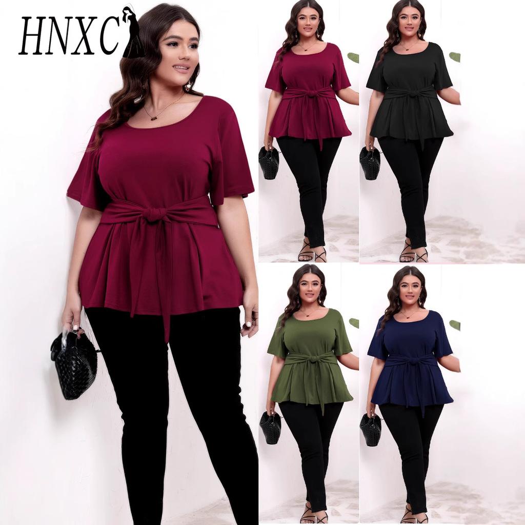 HNXC Übergröße Damen Einfaches Kurzarm-, O-Ausschnitt-, Gürtel-Schlankmachendes Top T-Shirt