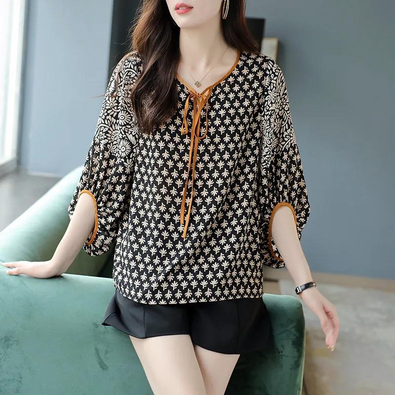 Fashion Summer New Fashion Korean Style Simple Niche Versatile Commuting Three-quarter Sleeve Lace-up Printed Chiffon Shirt for Women