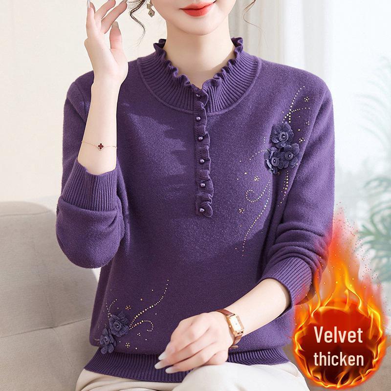 Women's Fleece Knit Top: Wood Ear Collar, Plus Velvet Warm Base Layer, Winter Inner Wear, Middle-Aged Mom's Sweater