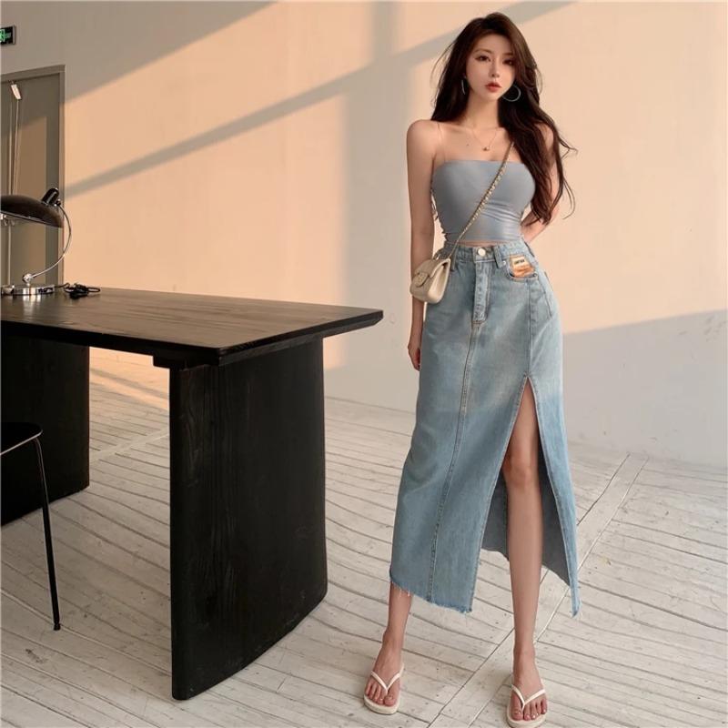 High Waist Long Denim Skirt Women New Pure Desire Vintage Elegant Blue Sexy Split Fork Bodycon Fashion Skirt Summer 2024 Lady