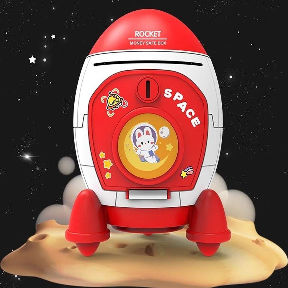 Children Piggy Bank Space Rocket Shape Plastic Money Box Toy Cartoon Sticker Cash Box Toys Safe Coin Holder for Kids Gifts