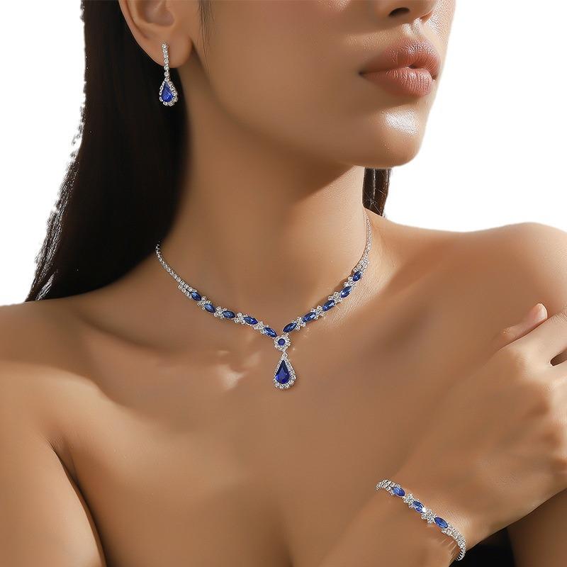European & American Fashion Blue Crystal Necklace, Earrings & Bracelet Set - Hot Selling Three-Piece Full Diamond Design