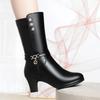 Winter Woman High-Heeled Soft Leather Motorcycle Boots Thick Wool Soft Sole Plus Velvet Warm Riding Mid-Calf Boot Office Model