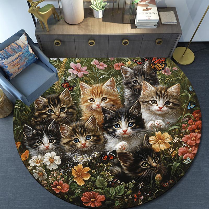 Kittens in Flowers Round Area Rug,Carpet Rug for Living Room Bedroom Sofa Playroom Decor,Non-slip Floor Mat