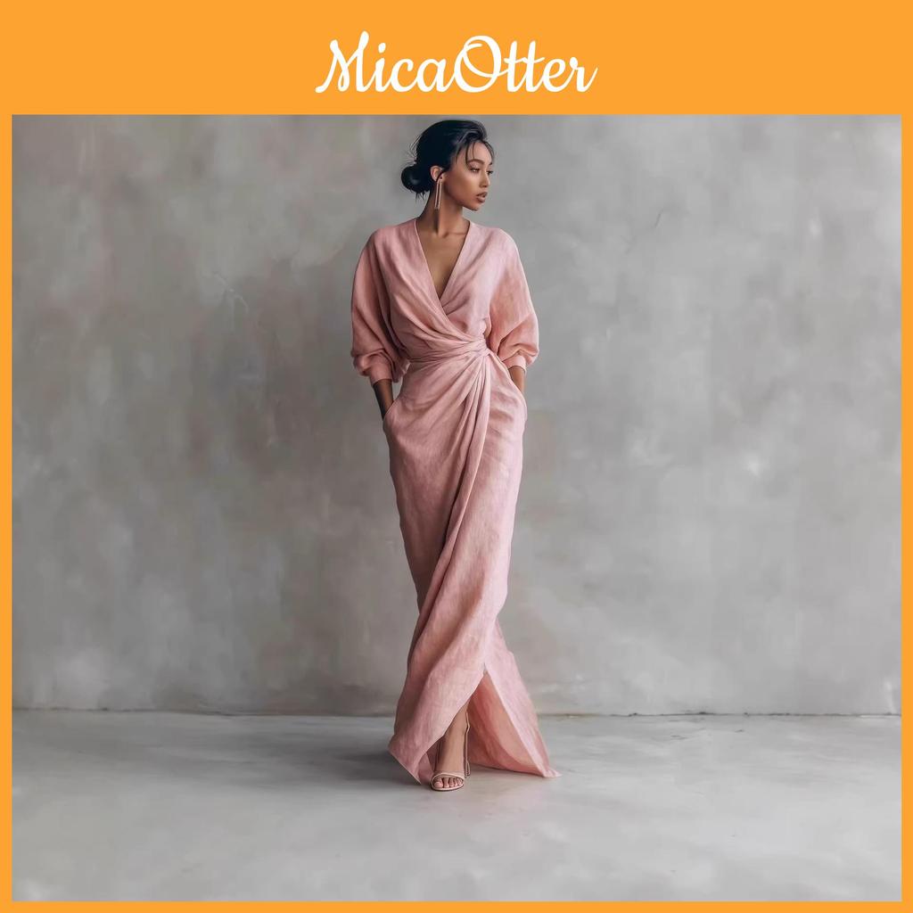 Spring Summer V Neck Waist Tshirt Dress With Slit For Vacation Travel