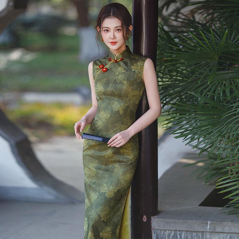Green sleeveless national style new Chinese daily Suzhou long cheongsam improved young 1011 new women's high sense