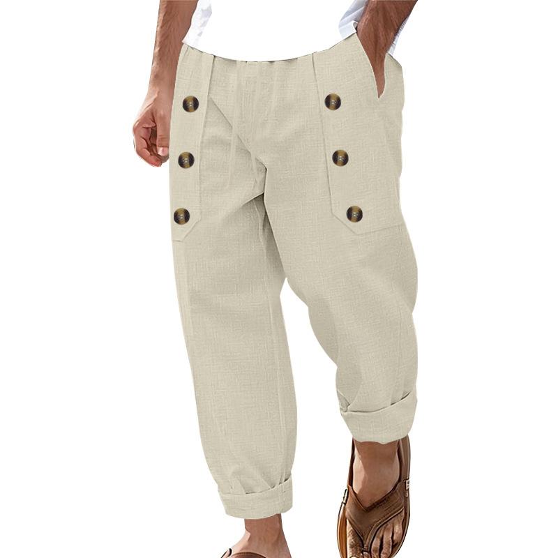 Fashion Men's Casual Trousers Beach Men's Casual Multi-button Cotton Linen Loose Trousers Men