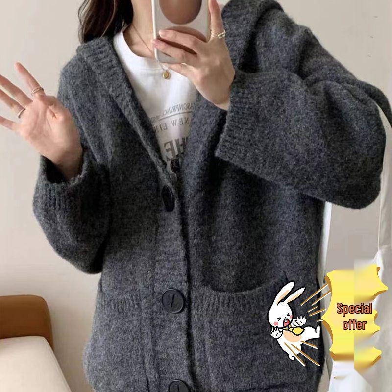 

Korean Women s Hooded Alpaca Cardigan: Loose, Soft Sweater Coat for 2025 Autumn/Winter Others