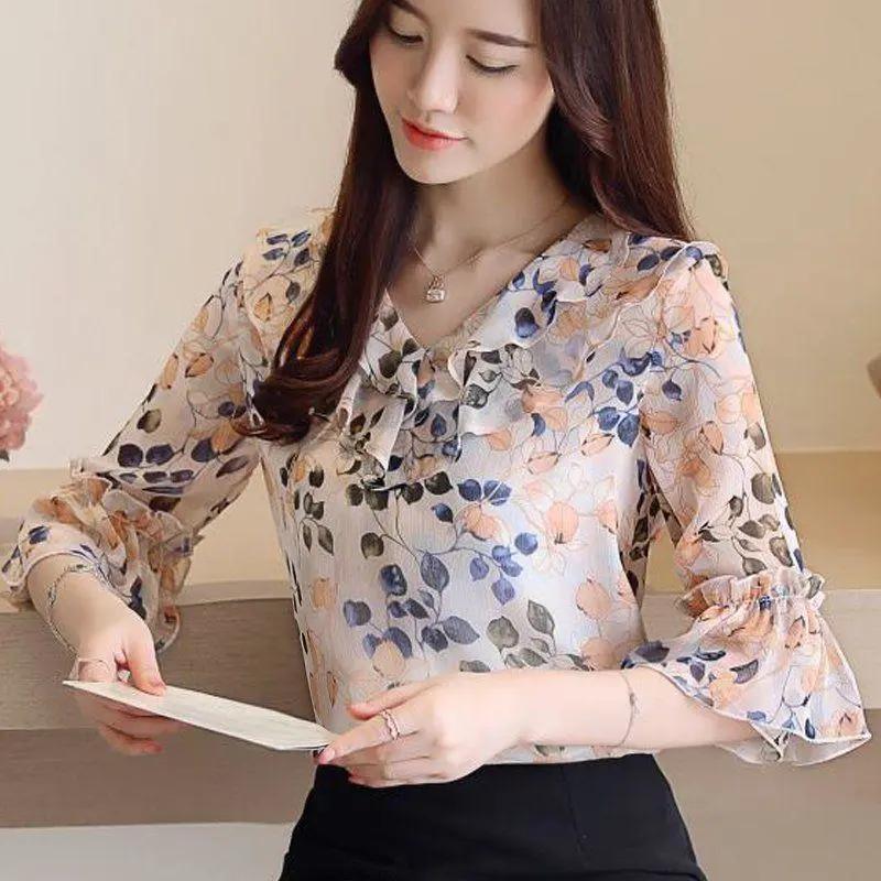 Fashion Summer Floral Chiffon Shirt Plus Size Half Sleeve Blouse Women's V Neck Butterfly Sleeve Top Female Blusas