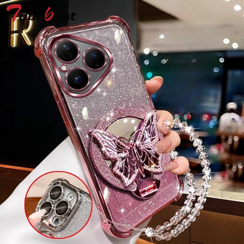 

Блестящий браслет-кристалл с зеркалом-бабочкой для Huawei Pura 80 70 Ultra P60 P50 P40 P30 Lite Pro Ударопрочная расписная крышка Huawei Pura 80 розовый