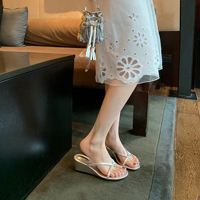 Sheepskin heel height 6cm slippers women's summer toe fairy wind outer wear thin band wedge herringbone cool slippers