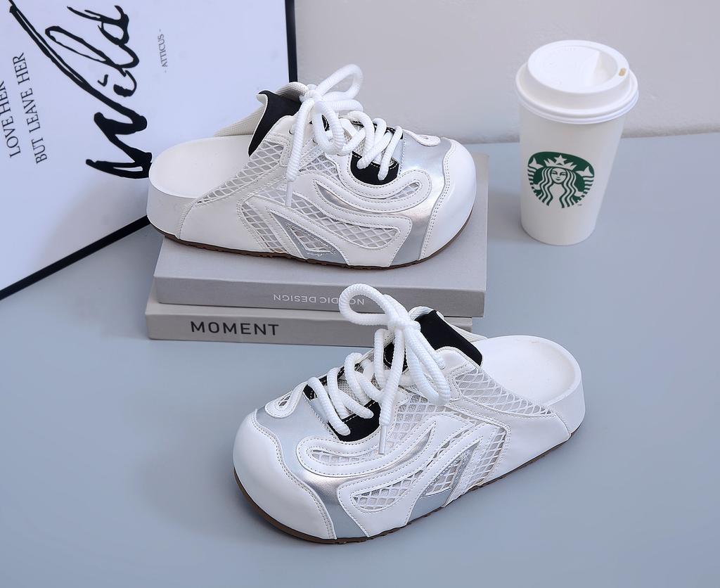 Muffin thick bottom mesh breathable bag head half slippers women's summer wear 2025 new one-pedal lazy ugly cute sandals