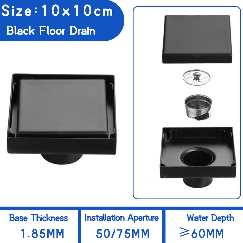 Invisible Floor Drain 304 Stainless Steel Black Brushed Bathroom Shower Drainage Square Waste Filter Floor Drains 10/11/12/15cm