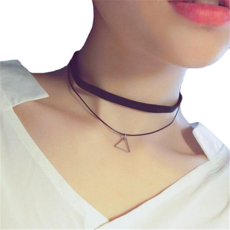 Korean Velvet Triangle Pendant Double Layer Choker Necklace for Women