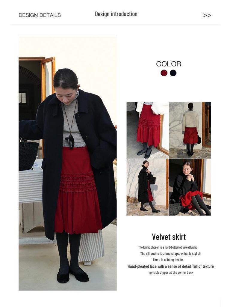 Winter Slimming Velvet Pleated Lace Skirt - Textured Design
